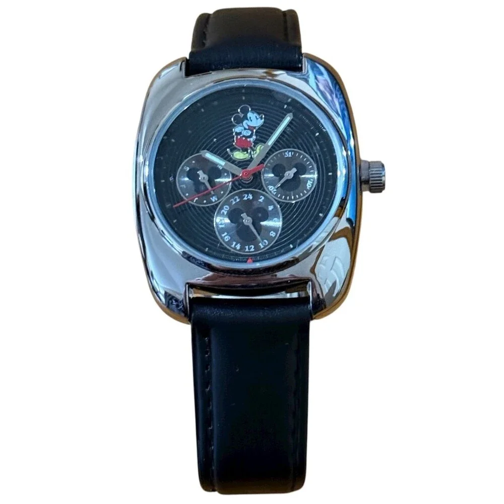 Disney Store Mickey Mouse Full Character Watch Black Face Day Date‎ Analog NOS